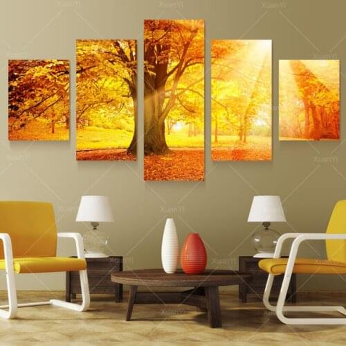 5 Panel Modern Tree Paintings Cuadros Pictures Blossom Tree Painting Canvas Wall Art Home Decor For Living Room Unframed PRL1004