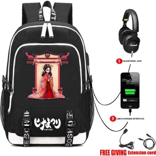 USB Charging Headphone jack shoulder bag student book backpack teenagers travel Laptop bag for Japan anime Hinamatsuri Backpack