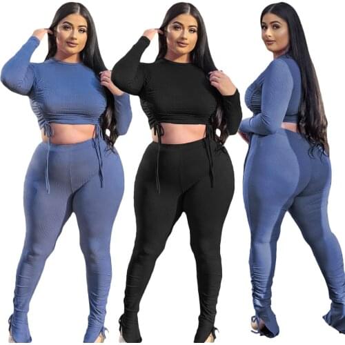 Women Casual Outfits 2021 Autumn New Arrivals O-Neck Lace-up Sweatshirts Elastic Waist Skinny Pure Color Ottoman Two Piece Sets