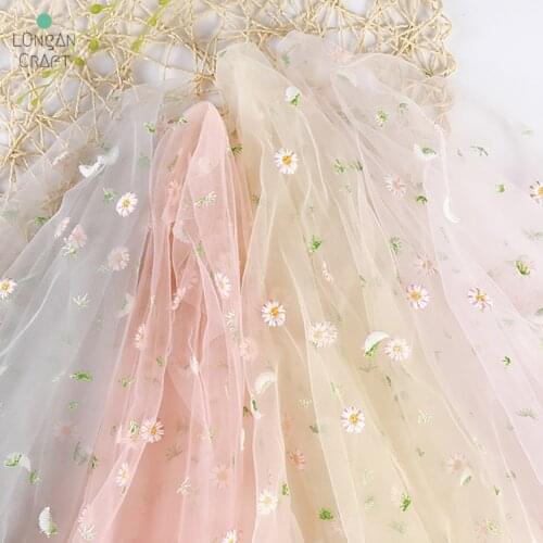 Flower Daisy Embroidery Tulle Soft Mesh Fabric for Dress Skirt Transparent Lace Net Fabric Gauze Apparel Cloth DIY Sewing