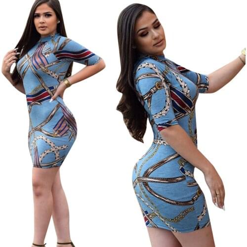 Spring and Autumn Women European and American fashion digital printing short-sleeved round neck short paragraph dress