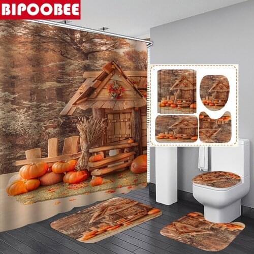 Farmhouse Pumpkin Pattern Shower Curtains Autumn Harvest Bathroom Curtain Set Festival Decor Toilet Lid Cover Bath Mats Rugs