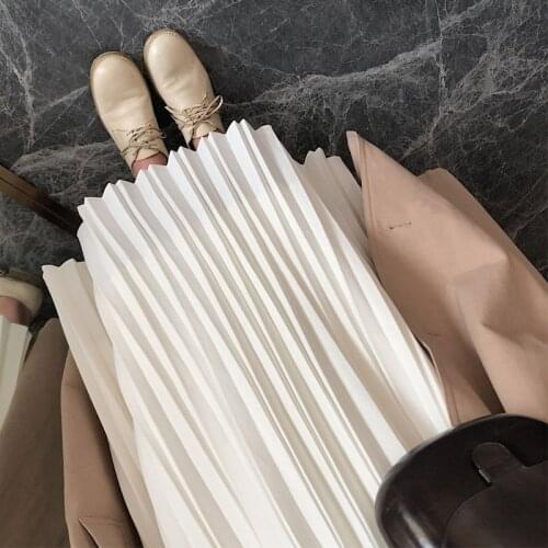 2019 High Quality Women Autumn High Waist Skirt Elegant Women White Pleated Midi Skirts Saias Femme A-Line Pleated Skirt Outwear