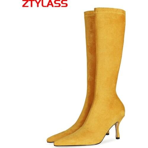 Women Suede Sexy Stiletto Knee High Boots Fashion Slip On Mid-tube Elastic Boots Autumn Winter Pointed Toe Shoes Woman Plus Size