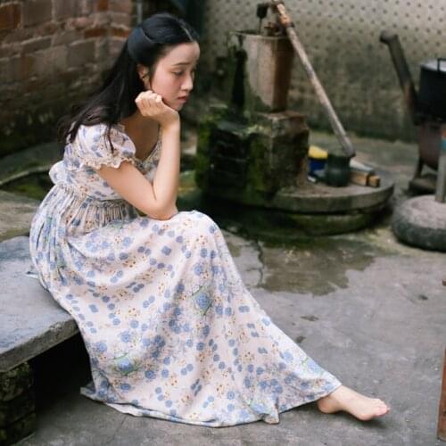 2020 Summer Women Vintage Retro Floral Cotton Linen Long Square Collar Puff Sleeve Print Casual Loose Maxi Dress