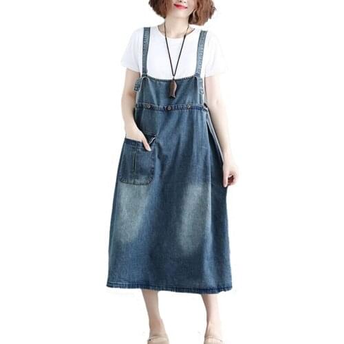 Plus size 2019 summer new Women denim strap Dresses female loose thin blue Medium denim A-Line suspender sleeveless Dresses