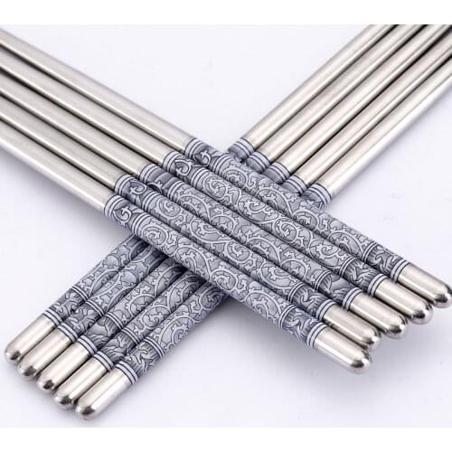 5 Pairs Kitchen Accessories Blue And White Porcelain Chopsticks Set Durable Stainless Steel Food Grade Chinese Traditional