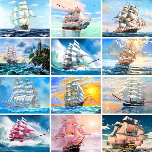 Huacan Diy Diamond Painting Sailboat Diamond Embroidery Mosaic Ship Sea Cross Stitch Home Decor Wall Stickers