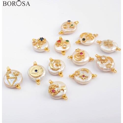 BOROSA 10Pcs New Gild Natural Freshwater Pearl With Multi CZ Connector Pearl Beads with Rainbow CZ for Bracelet Jewelry G1888