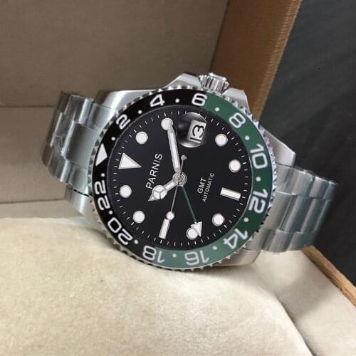 Parnis 40mm Black Green Bezel Mechanical Watches Green GMT Sapphire Crystal Mens Wristwatch Automatic Calendar With Box 2021
