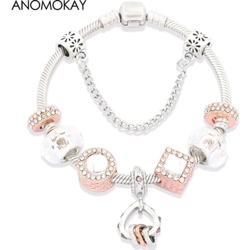 Dropshipping Classic Rose Gold Color Geometric Heart Pendant Charm Bracelet White Crystal Bead Bracelets DIY Simple Jewelry Gift