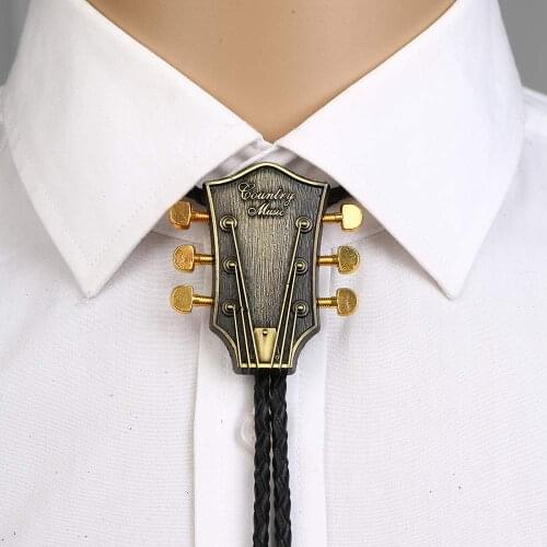 MUSIC Guitar heads copper and silver color bolo tie for man cowboy western cowgirl lather rope zinc alloy necktie