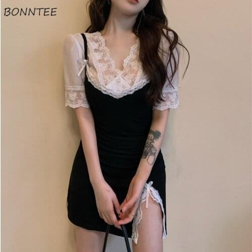 Sets Women Lace Summer V-Neck Sexy Female Clothes Slim All-match Fashion Korean Style Side-slit Daily Elegant Students Vintage