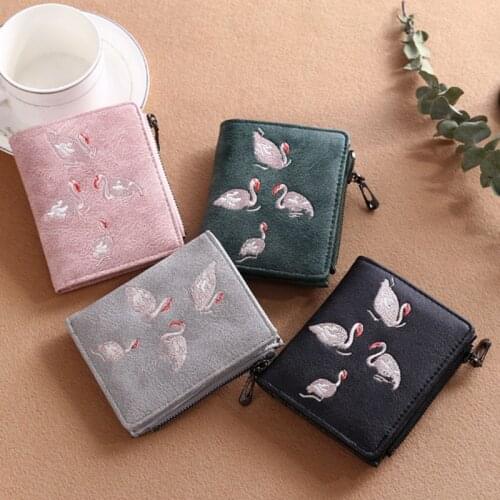 New Fashion Zipper Swans Embroidery Vintage Wallet Women Lady Short Purse PU Leather Card Holder Coin Pouch Clutch Money Bag FA