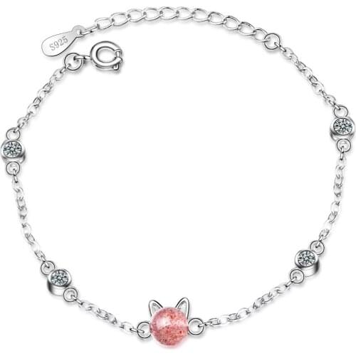 Cute Cat Natural Strawberry Crystal Zircon Silver Color Bracelet For Women Girl Good Friend Present