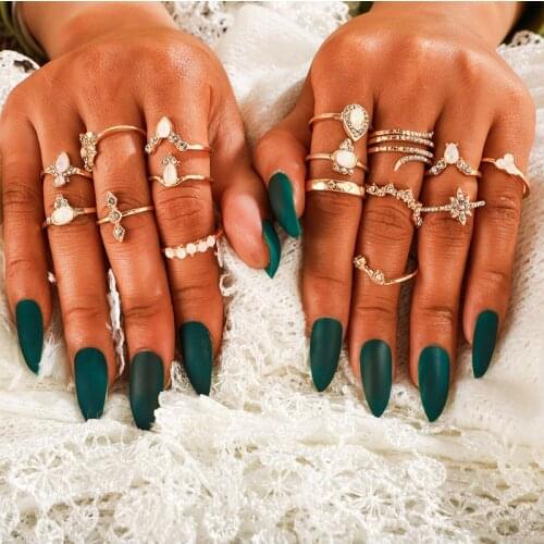 17Pcs/Set Fashion Exquisite Crown Venus Sun Star Water Drop Triangle Rhinestone Metal Geometry Knuckle Ring Set Women Jewelry