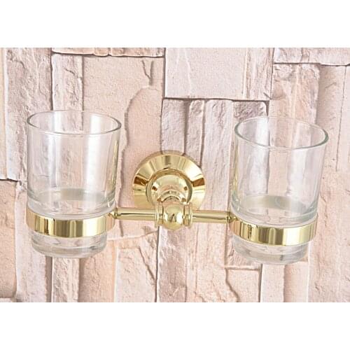 Wall Mounted Luxury Gold Color Brass Bathroom Toothbrush Holder Set Bathroom Accessory Dual Clear Glass Cup mba318