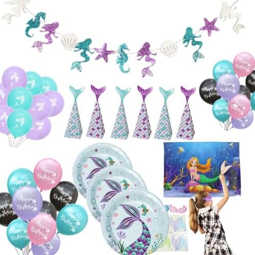 Mermaid Birthday Party Disposable Tableware Little Mermaid Party Decor Kit Under the Sea Girl First Birthday Party Supply WQ02