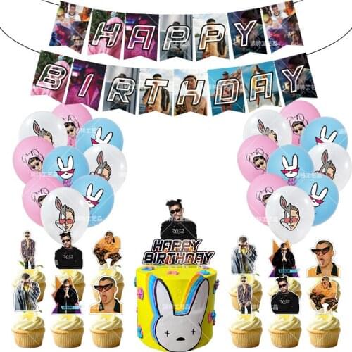 Bad Bunny Cartoon Party Supplies Disposable Tableware Party Cup Plate Flag Topper Wrapper Balloon Kids Birthday Party Decor