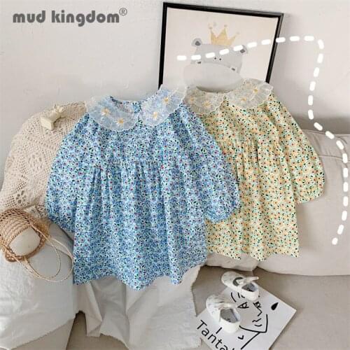 Mudkingdom Floral Girls Dress Lace Embroidery Turn-down Collar Button Spring Autumn Casual Princess Dresses for Long Puff Sleeve