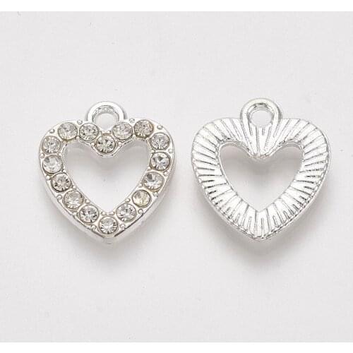 10pcs Alloy Rhinestone Heart Silver Charms For Necklaces Bracelets Jewelry Making 14x12.5x2.5mm, Hole: 2mm