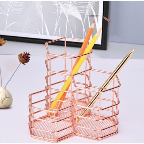 1Pc Rose Gold Iron Hollow Desk Pencil Holder Rack Makeup Brushes Storage Shelf Multi-function Storage Box
