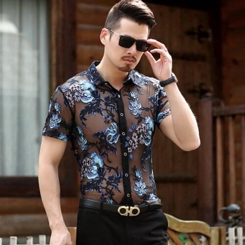 See Through Shirts Mens 2020 Fashion Shirts Summer Flowers Mens Clothing See Through Shirts Embroidery Mesh Floral Blouse Club