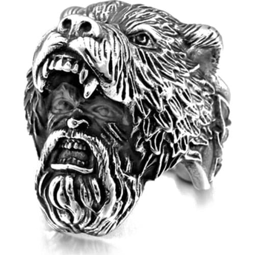 Retro Vikings Punk Style Men Ring Silver Color Viking Bear Warrior Rock Ring for Men Riding Motorcycle Nordic Jewelry Wholesale