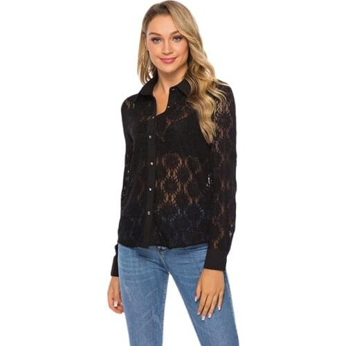 Summer Women Sexy Perspective Lace Shirt Black Solid Color Fashion Turn Down Collar Button Patchwork Long Sleeve Shirts