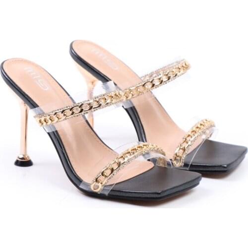 Open Toe High Heel Shoes For Women Summer 2021 Europe And United States Sexy One Word Rhinestone Sandals Big Size Outside Wear