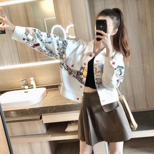 Ladies White Graffiti Denim Jacket Women Funny Tooling Jacket Loose Korean Casual Loose Single-breasted Street Female Short Top