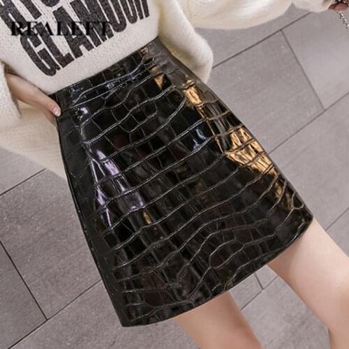 REALEFT New 2020 Autumn Winter Womens Skirt Patent PU Leather A-Line Party Skirts High Waist Female Wrap Short Skater Skirts