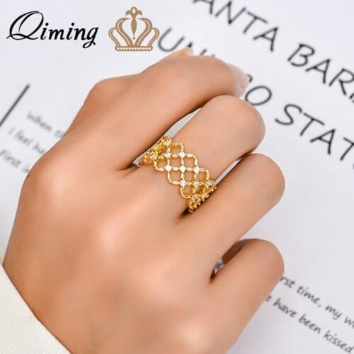 QIMING Geometric Opening Ethnic Rings For Women Fashion Jewelry European And American Style Hollow Wide Ring Gift