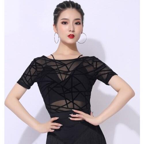 New Latin Dance Shirts Samba Tango Salsa Cha Cha Rumba Practice Wear Women Sexy See-Through Mesh Short Sleeve Bodysuit DNV13463