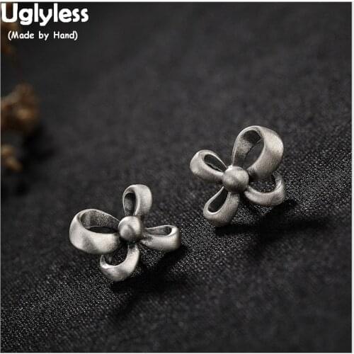 Uglyless Real S 925 Sterling Thai Silver Handmade Bowknot Stud Earrings Women Vintage Vulcanized Silver Brincos Irregular Bijoux
