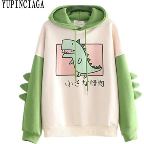 YUPINCIAGA Women Hooded Dinosaur Print Warm Pullovers Thick Fleece Sweatshirts Hit Color With Horns Harajuku Teens Hoodies Girls