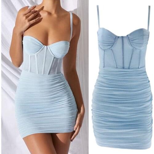 Women Spaghetti Strap Bodycon Corset Mesh Mini Sling Dress Solid Color Sexy Off Shoulder Backless Ruched Party Clubwear