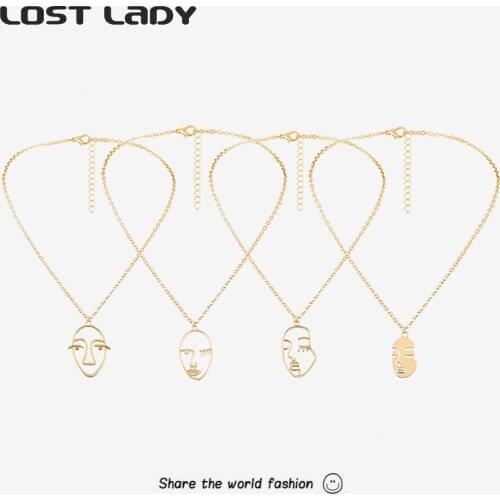 Lost Lady Creative Hollow Face Pendant Necklaces Fashion Golden Exaggerated Necklaces for Women Party Jewelry Gift Accessories