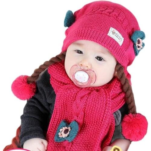 Doitbest Korean False braids Child Knitted hats winter two flowers 2 pcs baby girl scarf hat set Age for 6 months-2 Years Old