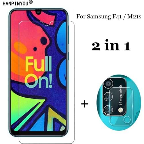 2-in-1 For Samsung Galaxy F41 / M21s Back Soft Fiber Camera Lens Protection Film + Front 9H 2.5D Tempered Glass Screen Protector