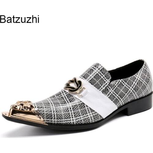Batzuzhi New Luxury Men Shoes Leather Pointed Metal Toe Genuine Leather Dress Shoes Men Fashion Business/Party Zapatos Hombre