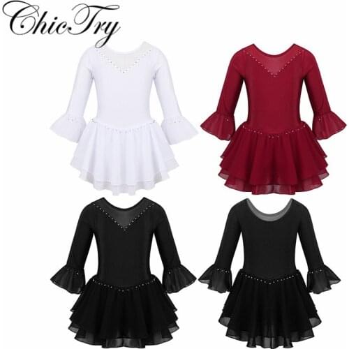 Kids Girls Shiny 3/4 Flare Sleeves Mesh Splice Rhinestone Figure Ice Skating Roller Skating Ballet Dance Leotard Perform Dress