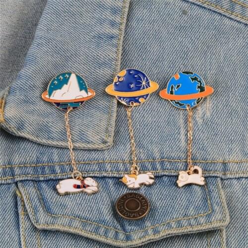 Hot Planet Space Earth Enamel Pin Cartoon Cute Animal Brooches With Chain Creative Denim Shirts Lapel Badge Fashion Jewelry Gift