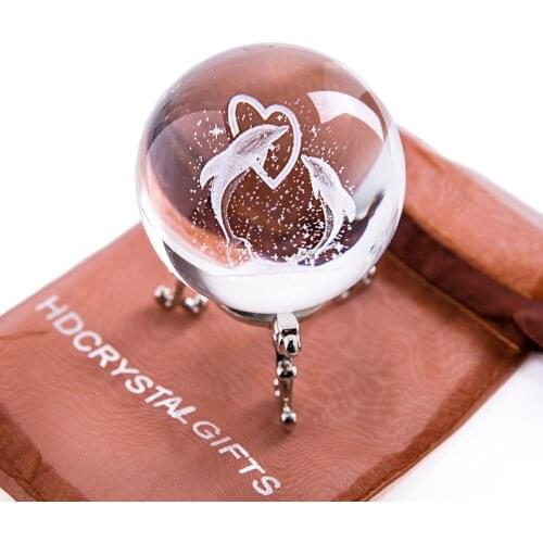 H&D 3D Carving Couple Dolphins Crystal Ball Figurines for Kids Baby Bedroom Decor Collectible Valentines Day Birthday Gift 60mm