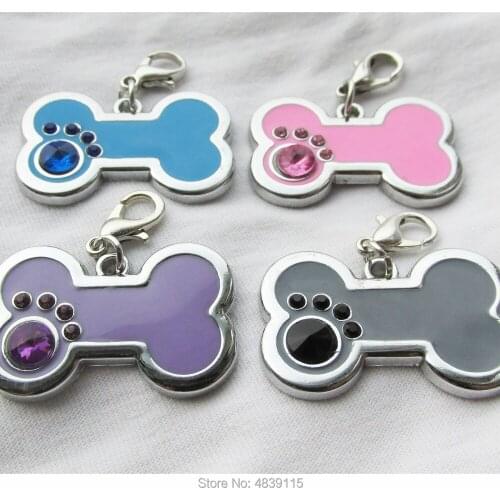 100pcs/lot Zinc Alloy Bone Pet Dog ID Tags Inlaid with Bling Stones on Face Suitable for Laser/Diamond Engraving