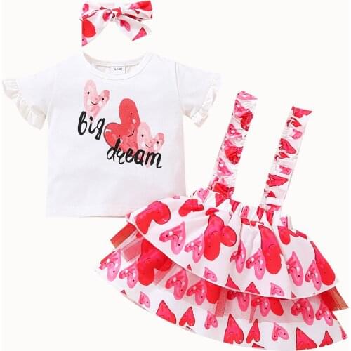 Valentines Day 3 Piece Clothes Suit Baby Girl Dress Set Heart Print Short Sleeve T-shirt Suspender Skirt and Headband 6m-3y