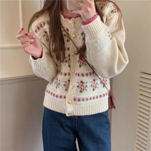Korean style jacquard knitted sweater 2021 new womens retro loose long-sleeved round neck printed cardigan all-match