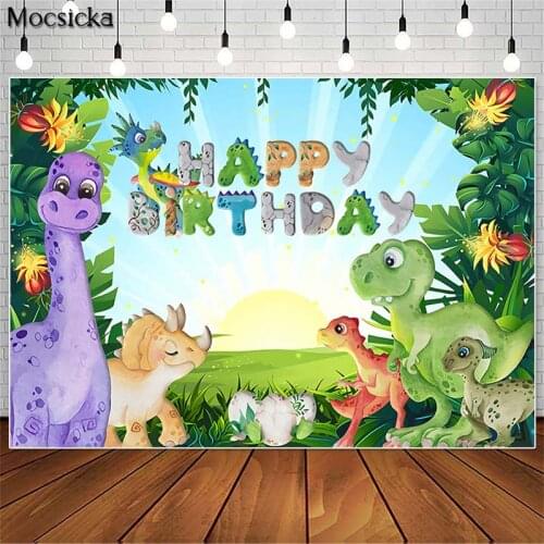 Mocsicka Dinosaur Happy Birthday Backdrop Jungle Safari Children Birthday Photography Background Dessert Table Decorations Props