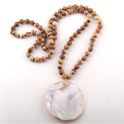 Fashion Natural stone Long Tiger Eye Knotted With Shell Pendant Necklace Women Lariat Necklaces