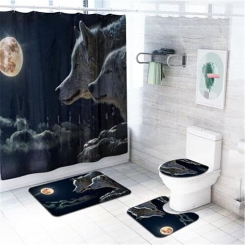 4Pcs/set Bathroom Mat Set Non-slip Animals Bath Mat Coral Fleece Shower Curtain Floor Mat Washable Bathroom Toilet Rug